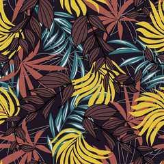 Trend seamless pattern with colorful tropical leaves and plants on a dark background. Vector design.Exotic tropics. Summer. Jungle print. Floral background. Printing and textiles. Abstract background.