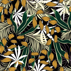 Abstract seamless pattern with colorful tropical leaves and plants on dark background. Vector design.Exotic tropics. Summer. Jungle print. Floral background. Printing and textiles.