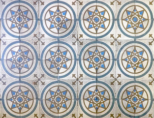  Checkered traditional European ceramic mosaic tile background pattern. Architectural mosaic detail, abstract background for street, bath and pool. Ornamental pattern for street and interior design