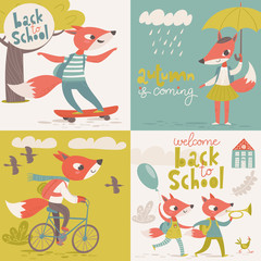 Set of four vector retro style welcome back to school designs with cartoon animals.