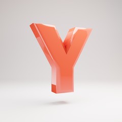 Letter Y uppercase. Living Coral font with glossy reflections and shadow isolated on white background.