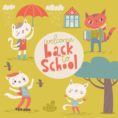 Obraz na płótnie Canvas Cool vector flat style welcome back to school designs with cartoon cats.