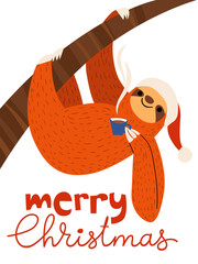 Vector Merry Christmas poster with cute funny sloth with coffee cup