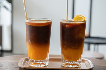 Coffee, orange juice, pulp tube