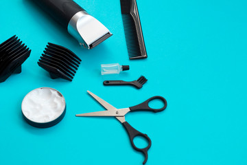 Professional hairdresser set for men on blue background