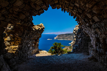 View from ruins of a church in Monolithos castle, Rhodes island, Greece