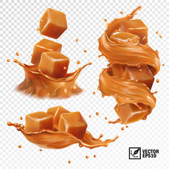 3D realistic vector set of a splash of caramel, slices and pieces of caramel, a splash in the form of a crown and a swirl - obrazy, fototapety, plakaty