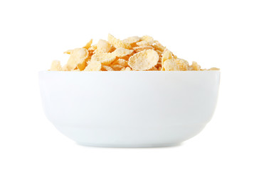 Corn flakes in bowl on white background