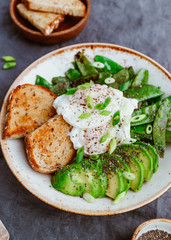 Healthy breakfast or lunch. Fried snow peas, avocado, poached eggs are sprinkled chia seeds with bread toasts.