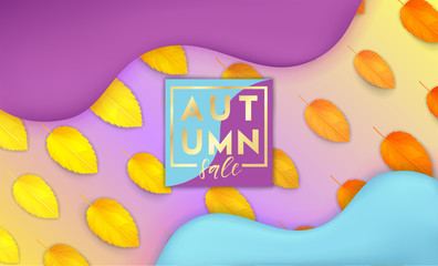 Naklejka premium Horizontal colorful background with 3D abstract liquid layers, paper cut waves, realistic fall leaves. Autumn vector background design layout for banners, presentations, flyers, posters, wallpaper