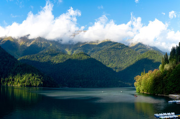 Fototapeta na wymiar Panorama of the mountain lake Ritsa.