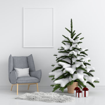 Blank photo frame for mockup and christmas tree in white room, 3D rendering