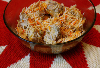 Closeup of chicken biryani in a bowl