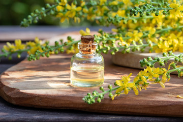 A bottle of essential oil with fresh agrimony flowers