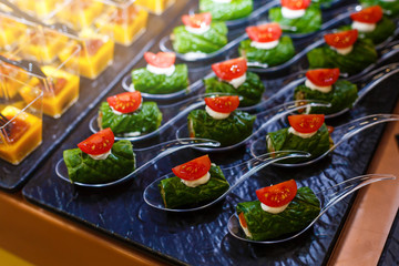 Banquet table with healthy vegetable snacks beautifully decorated. Rolls with salad, fresh tomato