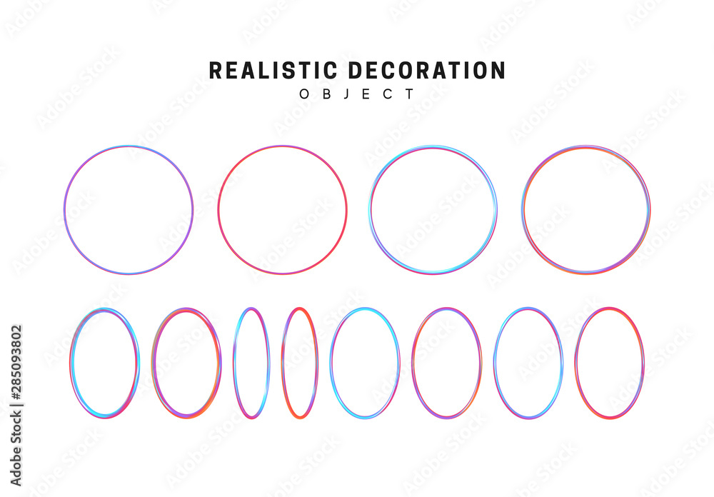 Poster geometric shapes gradient color hologram. holographic circles, decorative design elements isolated o