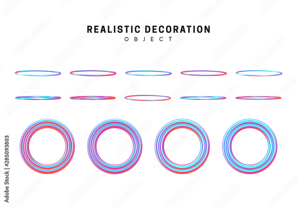 Poster geometric shapes gradient color hologram. holographic circles, decorative design elements isolated o