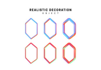 Hexagon geometric shapes, gradient, pink and blue. Decorative design element isolated white background. Set 3d object shaped hexagonal. Realistic vector illustration.