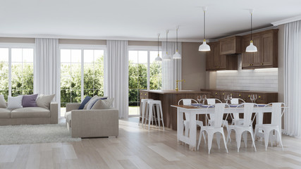 Modern home interior with wooden kitchen. 3D rendering.