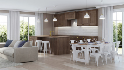 Modern home interior with wooden kitchen. 3D rendering.