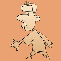 sketch of cartoon character walking man in a fur hat