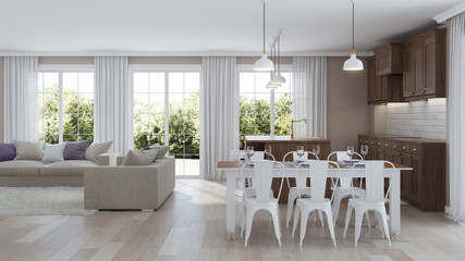 Modern home interior with wooden kitchen. 3D rendering.