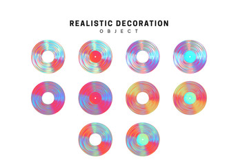 Vintage vinyl records in gradient color hologram Geometric shapes flat decorative design elements isolated on white background. 3d objects shaped blue round rings of different thickness. vector