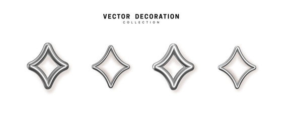 Silver geometric shapes. white decorative design elements isolated on white background. Metallic silhouettes. 3d objects shaped linear square,rectangle, frame border. Realistic vector illustration.
