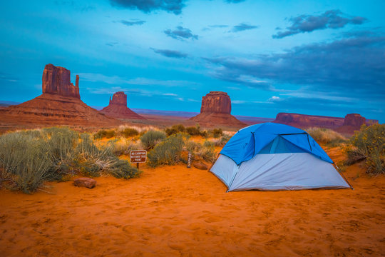 Blue tent at The View Campground campsite in Monument Valley itself. Utah