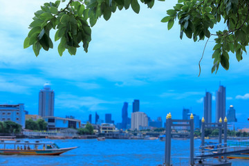 Abstract blur,river, pier of Wat Arun ,Water travel,Chao Phraya river in Bangkok,Bangkok city ,Thailand