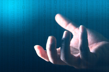 hand holding digital binary number. Cyber security network concept.