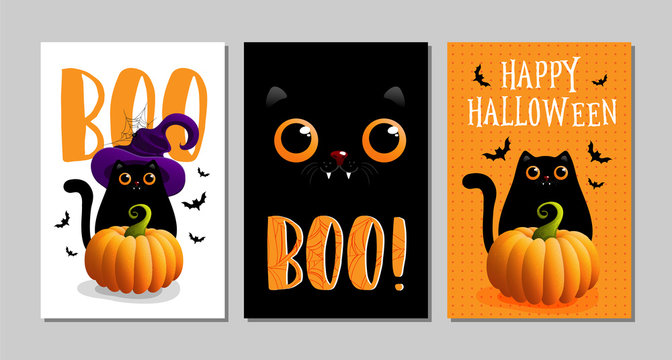 Vector illustrations with black cat. Halloween poster designs with symbols and calligraphy. Funny halloween cards set