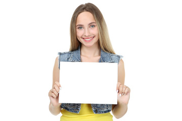 Fototapeta premium Beautiful young woman holding blank board on white background