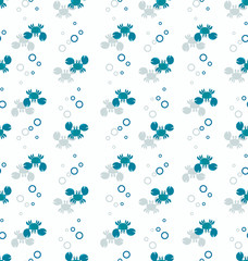 Seamless pattern  with funny blue crabs and air bubbles. Cute kids pattern for girls and boys. Blue crabs on a white background create a cheerful cartoon drawing, nautical wallpaper.