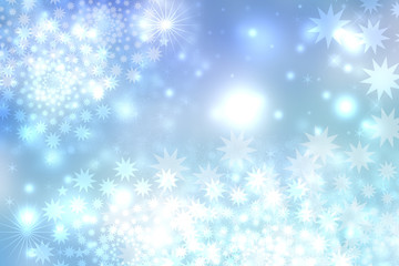 Naklejka na ściany i meble Abstract blurred festive light blue winter christmas or Happy New Year background with shiny blue and white bokeh lighted snowflakes and stars. Space for your design. Card concept.