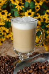 Latte coffee. Coffee with milk. Cappuccino in a glass cup on a wooden table. Cappuccino coffee and roasted coffee beans.