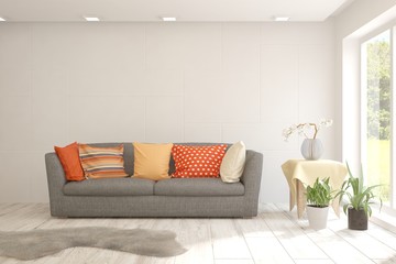Stylish room in white color with sofa. Scandinavian interior design. 3D illustration