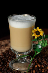 Latte coffee. Coffee with milk. Cappuccino in a glass cup on a wooden table. Cappuccino coffee and roasted coffee beans.