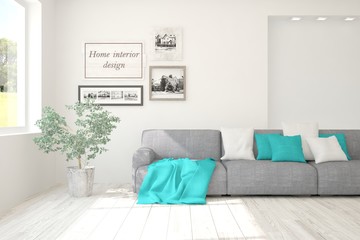 Stylish room in white color with sofa. Scandinavian interior design. 3D illustration