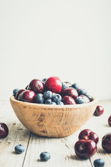 Bowl of ripe cherries and blueberries