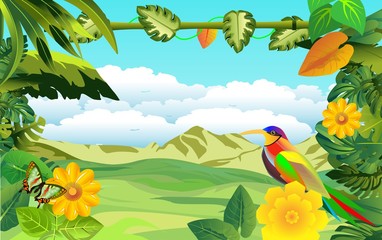 vector jungle theme illustration with animals, exotic plants. Bird sits on the bush, Tropical floral frame with blue sky. Design template