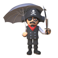 Obraz premium 3d cartoon pirate captain character shelters from the rain under an umbrella, 3d illustration