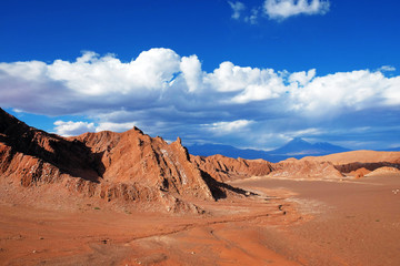 Fototapeta na wymiar View of the Mars Valley near San Pedro de Atacama against a blue dramatic sky.
