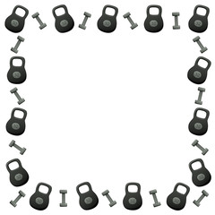 A square frame with kettlebells and dumbbells