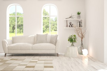 Stylish room in white color with sofa and summer landscape in window. Scandinavian interior design. 3D illustration