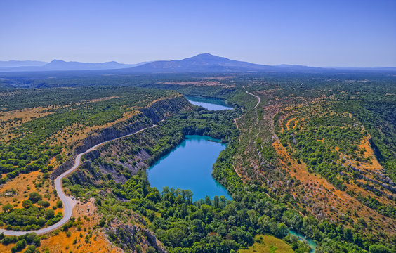 Aerial view of Brljan lake in Croatia in canyon of the Krka River
