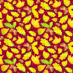 Watercolor colorful yellow autumn leaves seamless pattern. Hand drawn illustration with acorn, maple, alder, oak leaf on white background