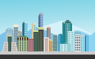 Urban landscape street with city buildings, towers in background . Family houses in town . vector