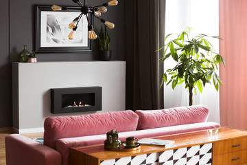 Antique, wooden dresser behind a powder pink, velvet sofa in a bright living room interior with gray walls and a burning fireplace. Real photo.