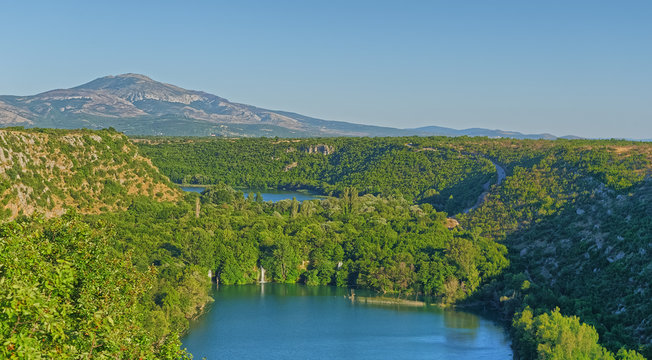 Aerial view of Brljan lake in Croatia in canyon of the Krka River